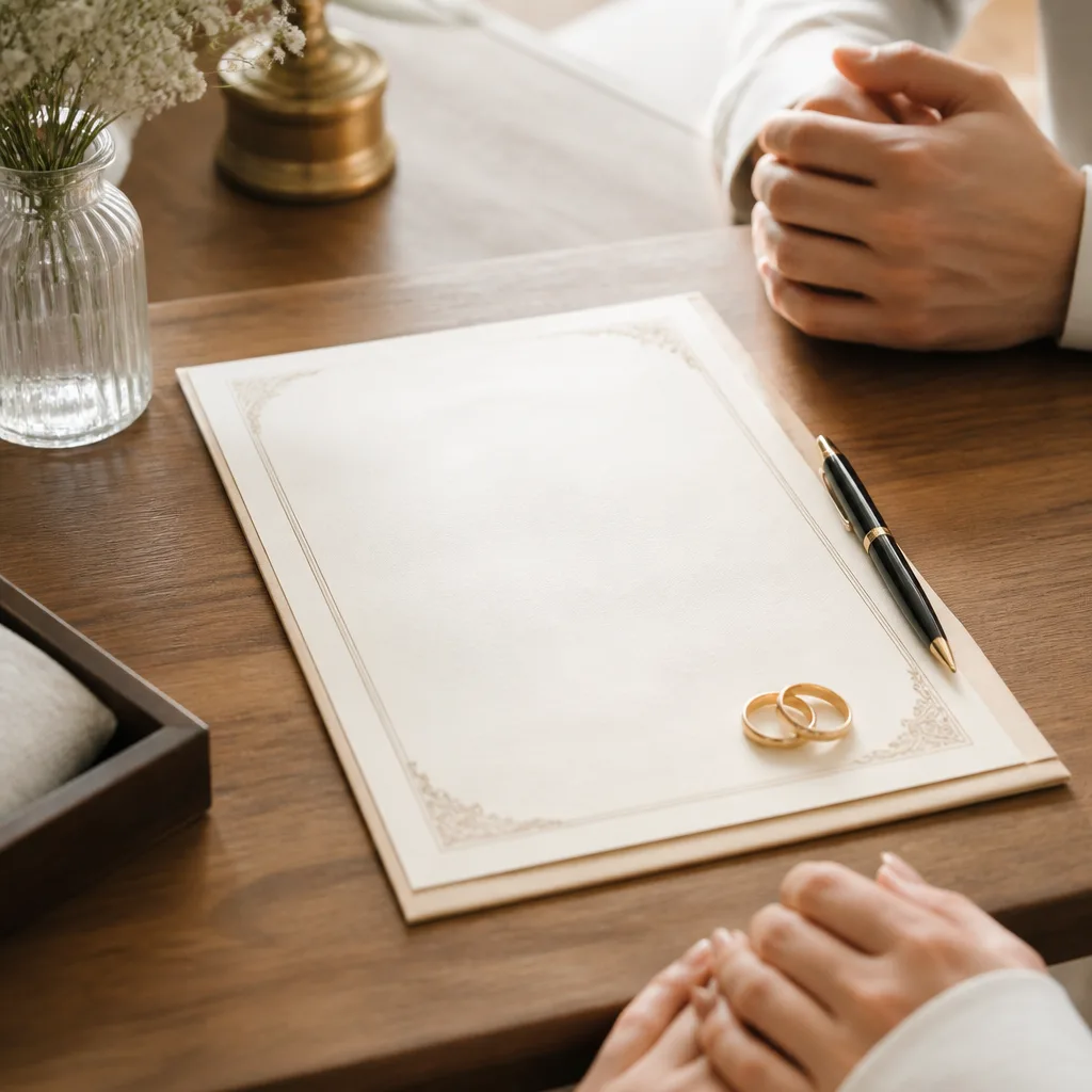A close-up of a marriage contract document on a table with soft light and hands nearby, representing a Nikah contract.