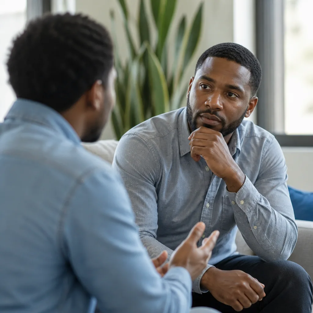 A thoughtful conversation between two people in a calm room