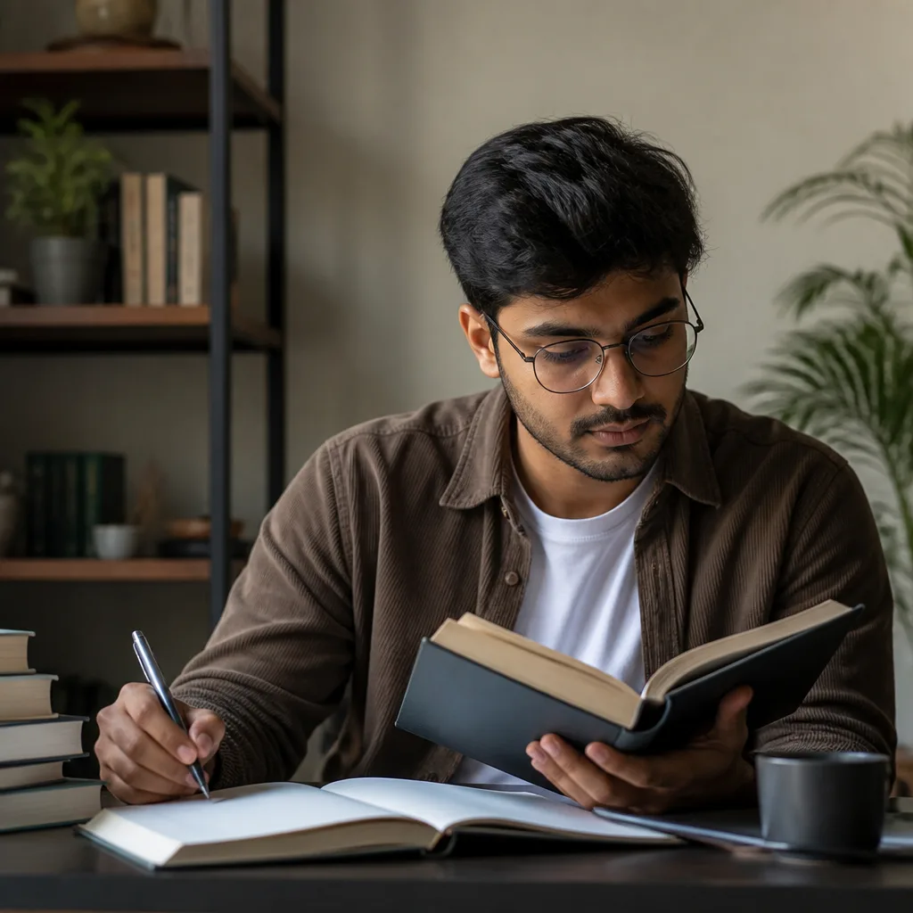 A brother taking notes in a quiet study setting