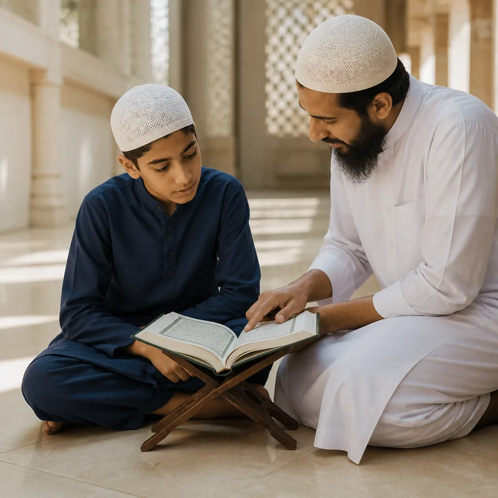 Calm Quran study scene in a quiet community setting