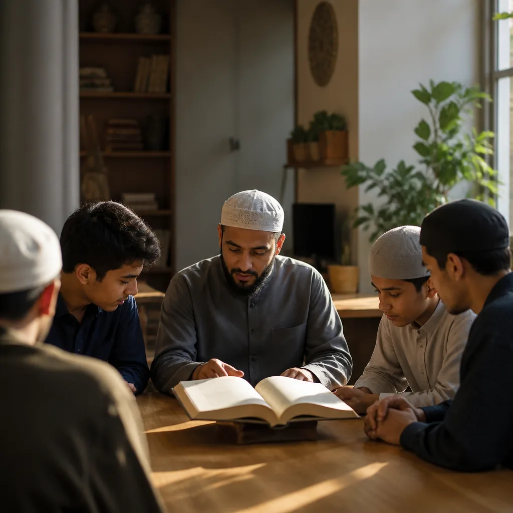 Small group studying Quran together in a community space