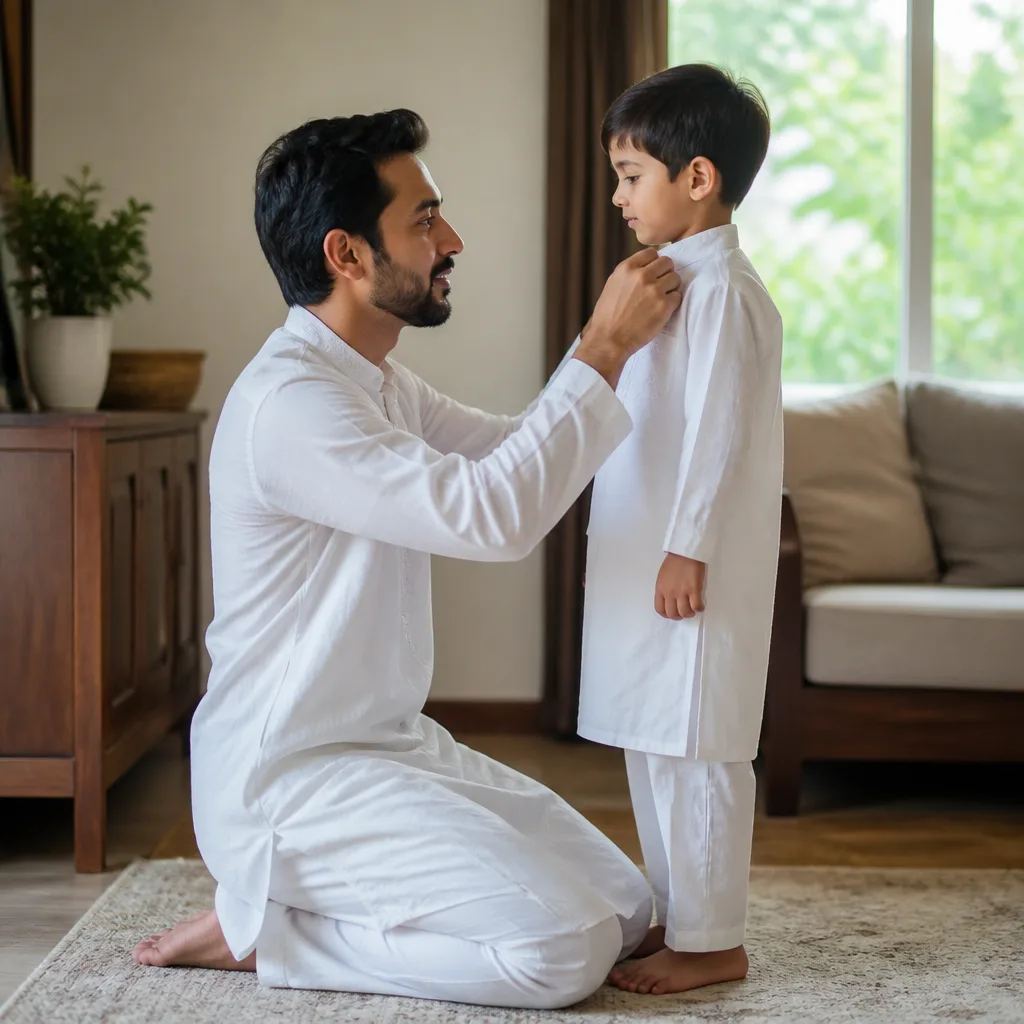 Parent supporting a child during a calm morning routine indoors
