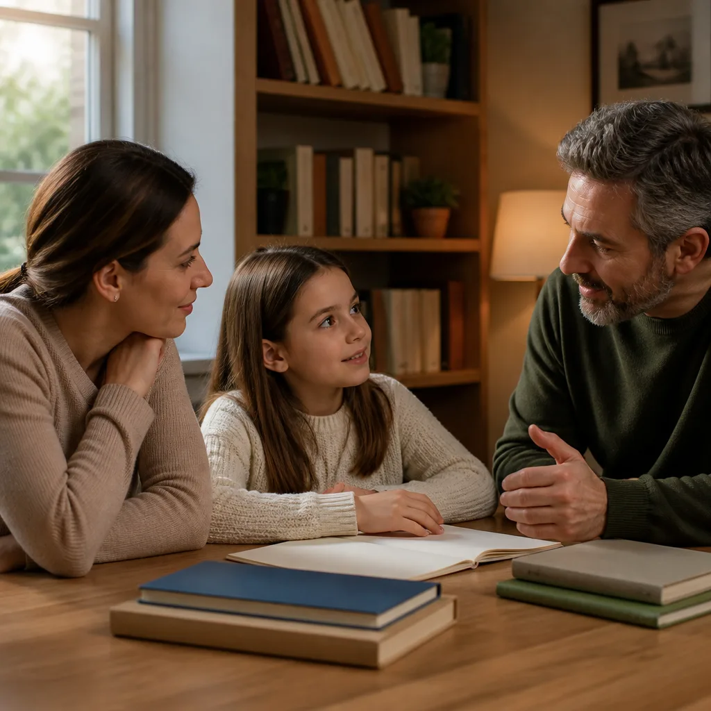 Family gathered in a cozy home study space for a respectful learning conversation