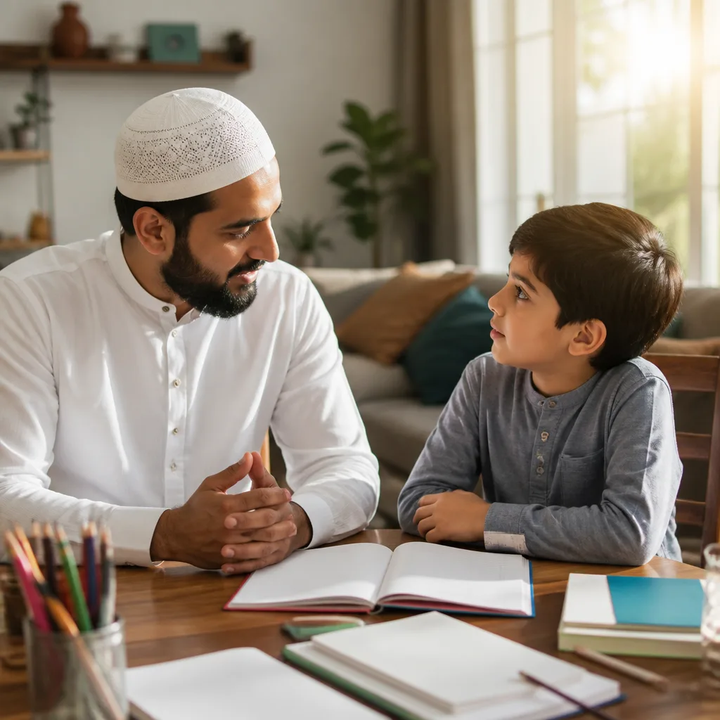 Parent and child sitting together in a calm, sunlit home learning space