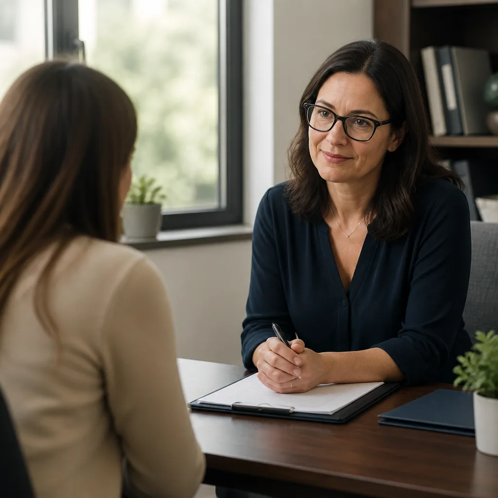 Counselor consulting in a calm, well-lit office-like setting