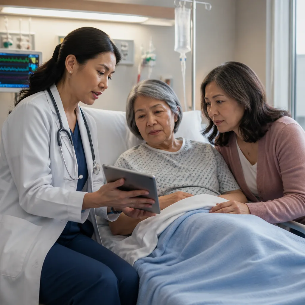 Healthcare professional coordinating with family in a hospital setting
