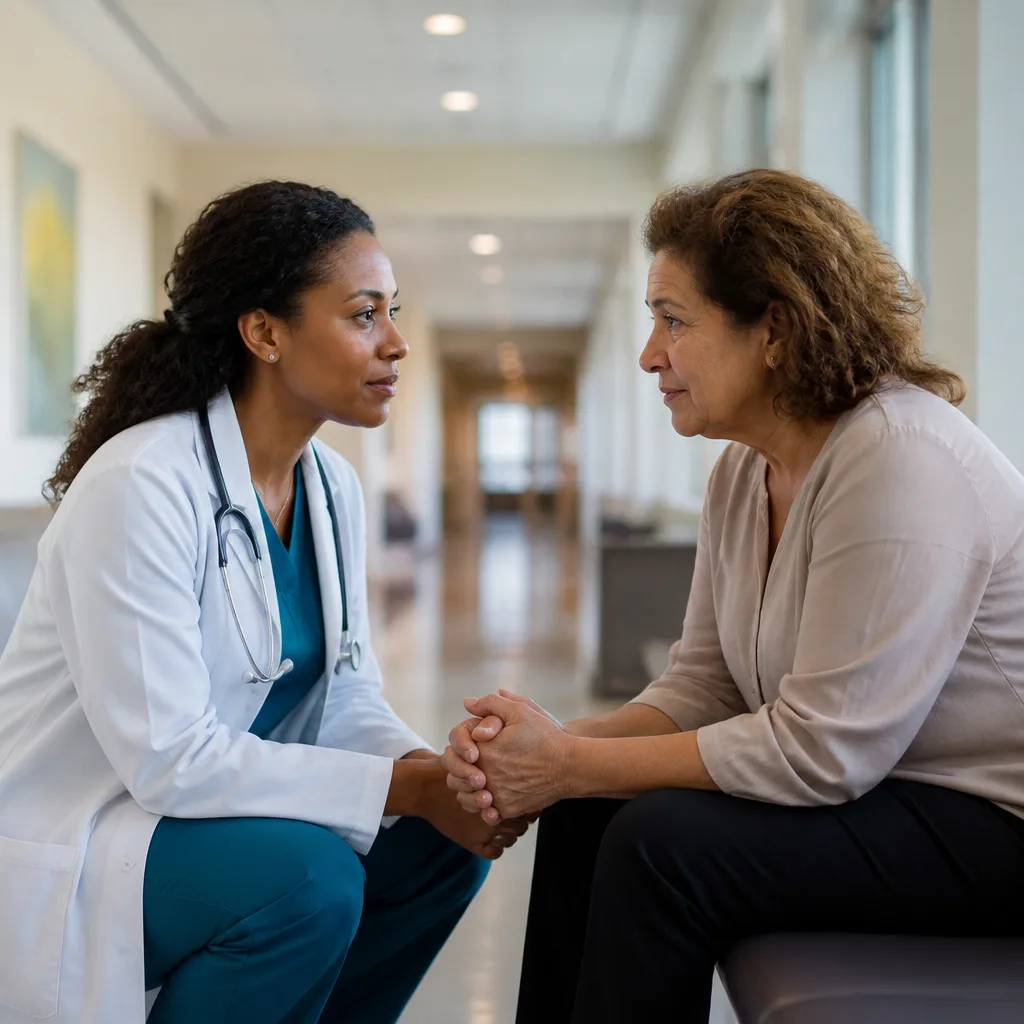 Clinician speaking with a family in a calm hospital hallway