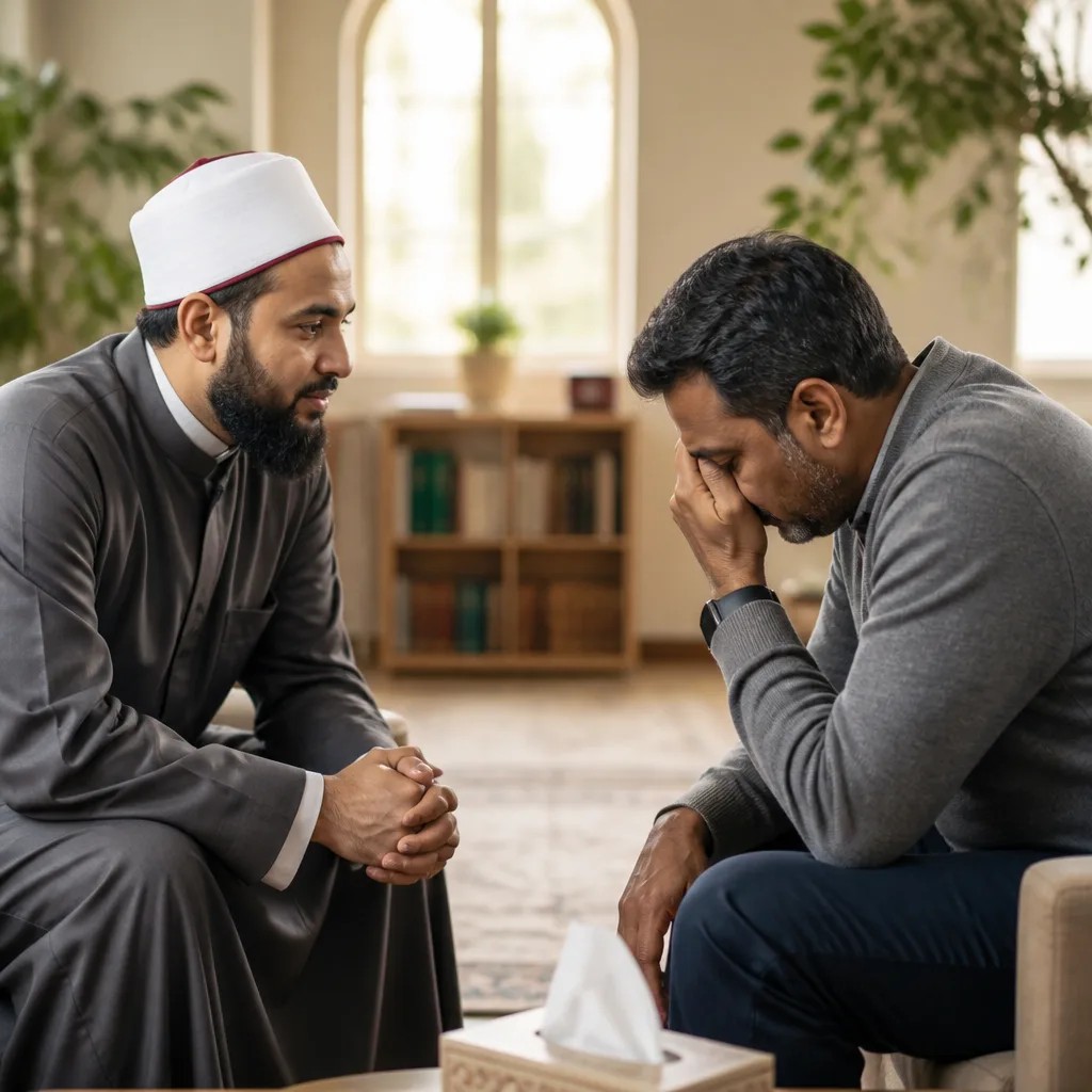 Imam speaking privately with a grieving family member