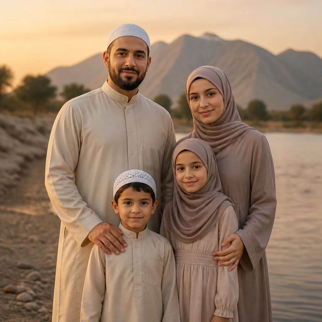 Dignified family standing together outdoors at golden hour