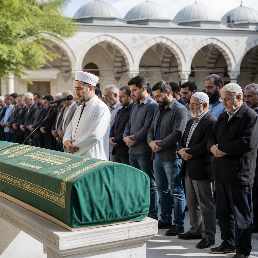 Imam leading congregational prayer in a mosque courtyard