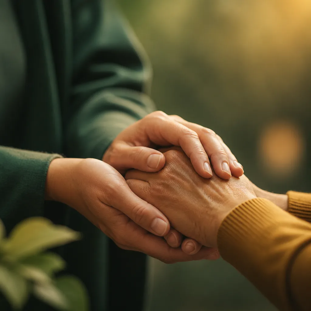 Gentle supportive hands representing faith-based community care.