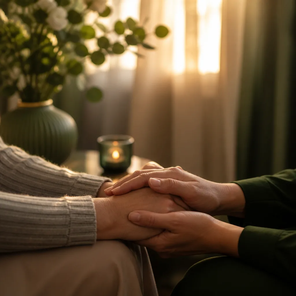 Comforting hands in warm light representing grief support and spiritual care.
