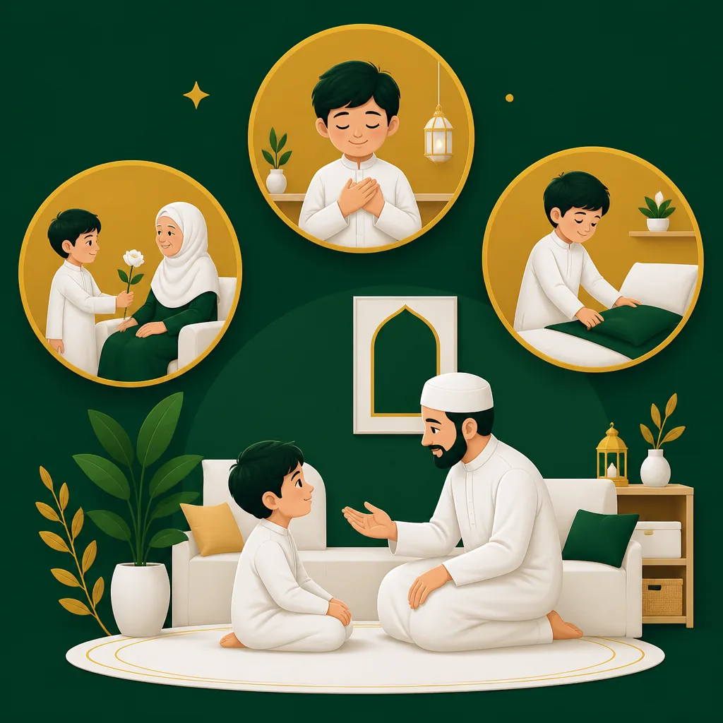 Illustration representing daily akhlaq routines and character growth at home.