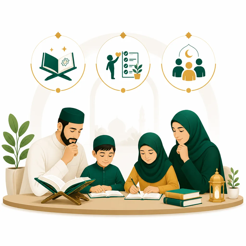 Illustration representing structured Islamic learning, parent confidence, and community support for Muslim homeschool families.