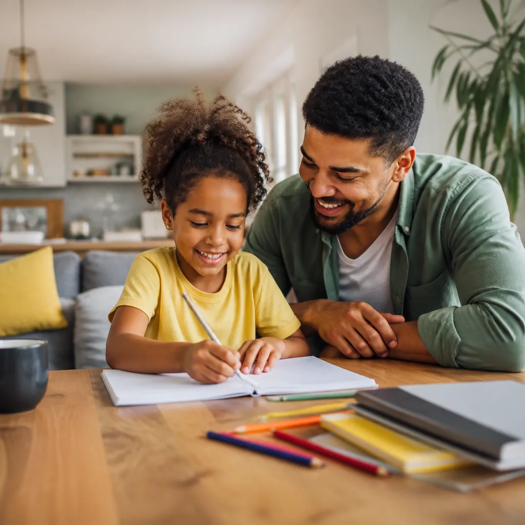 A family learning together at home in a warm, natural setting