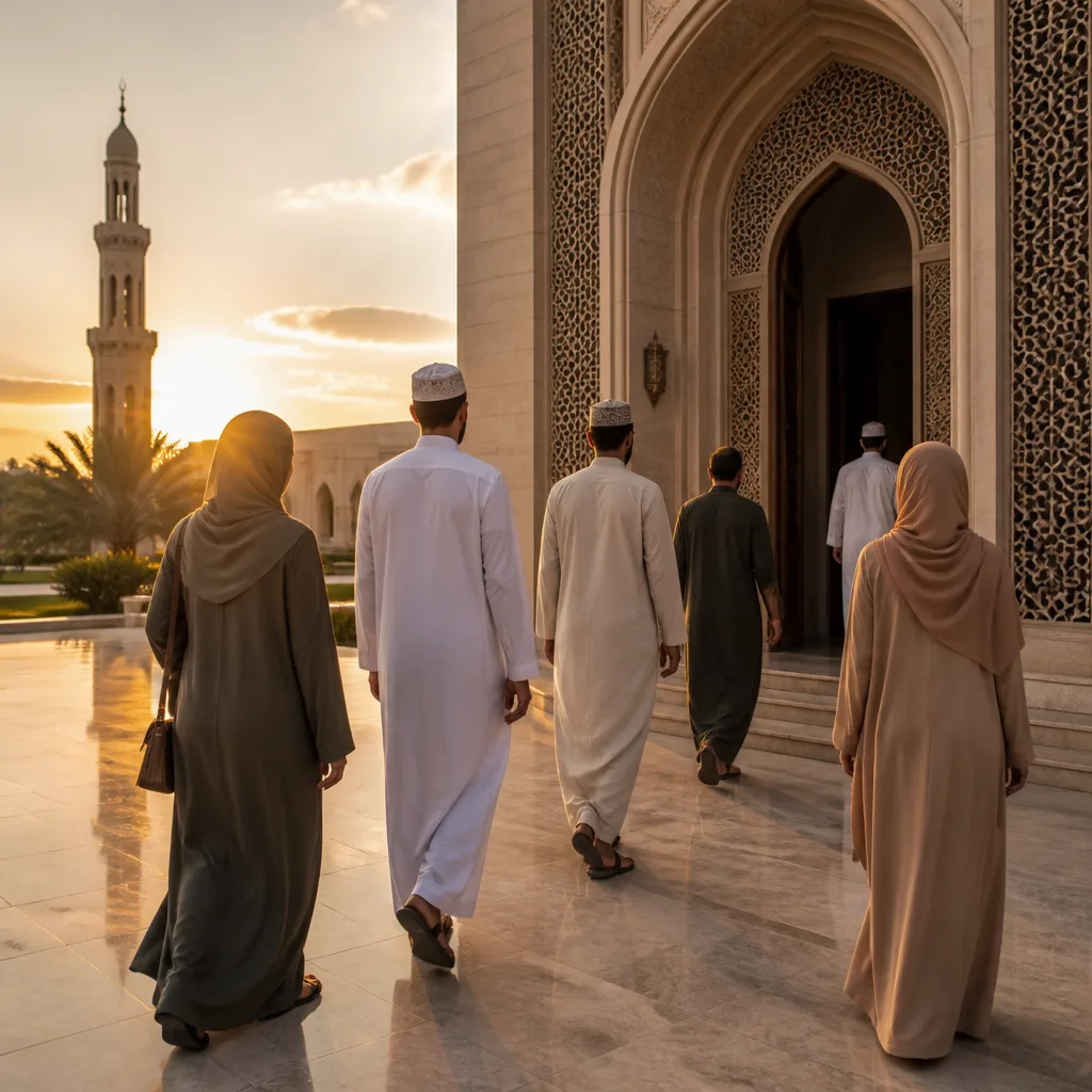People approaching a mosque entrance in warm morning light