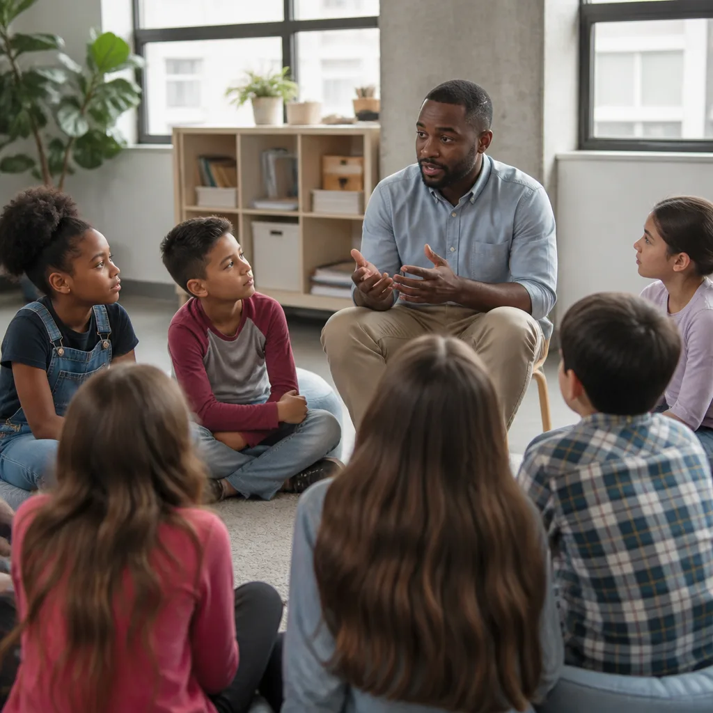 Children in a community learning circle with a teacher