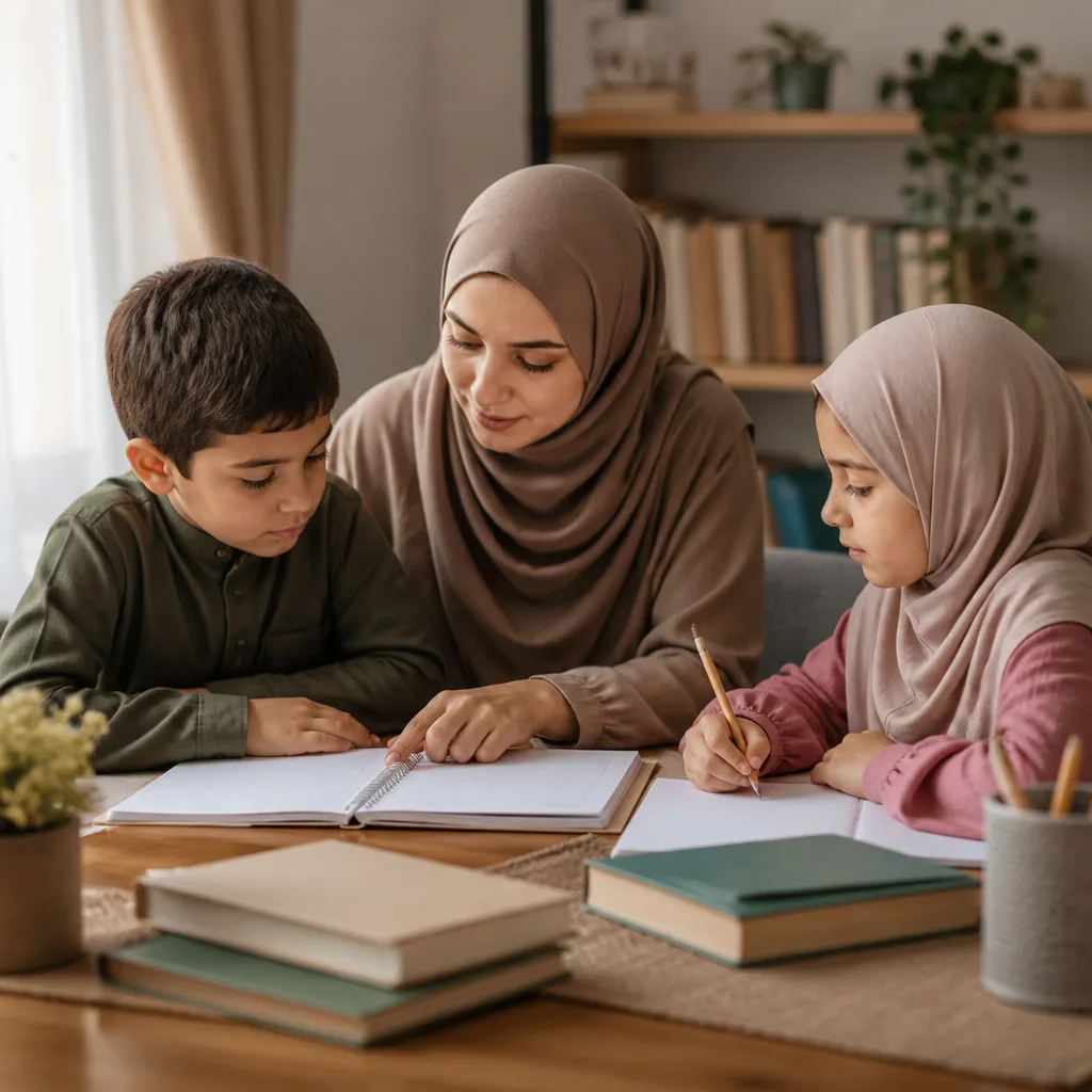 Family studying together at home in a calm learning setting