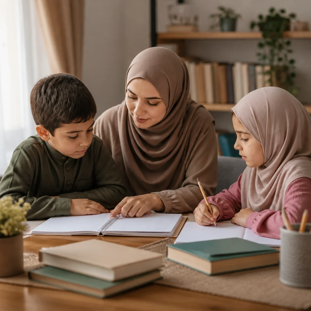 AMCC homeschool parent teaching her two children Islamic studies at home
