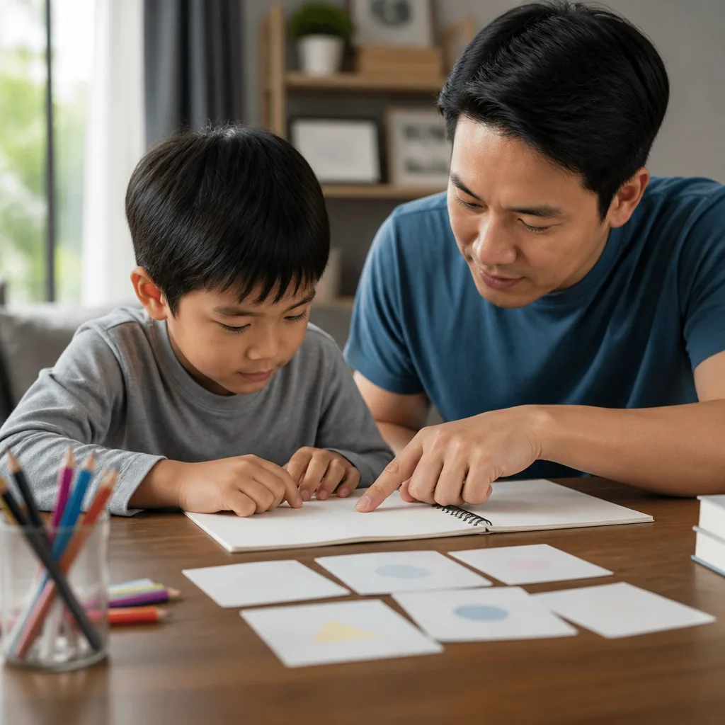 Parent guiding a child through hands-on home study