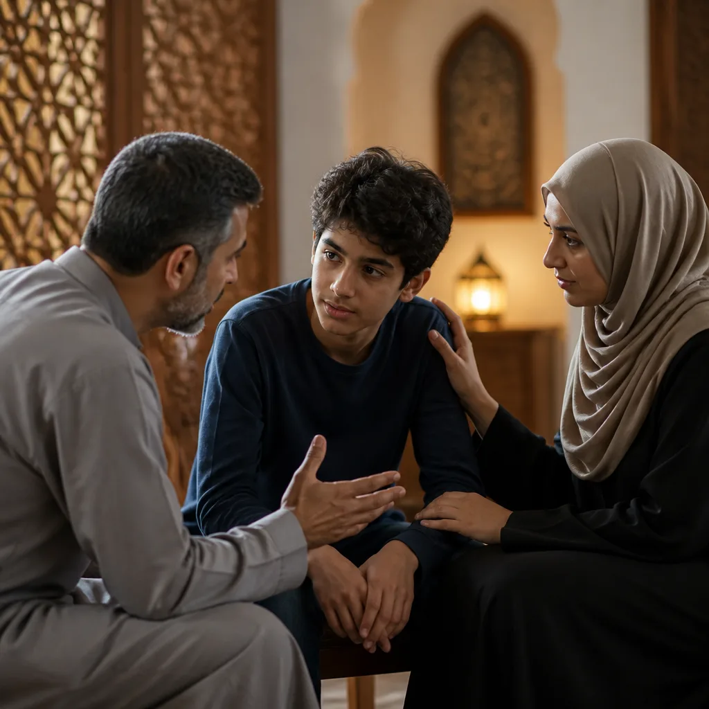 A parent and teen supported by a mentor in a peaceful community space