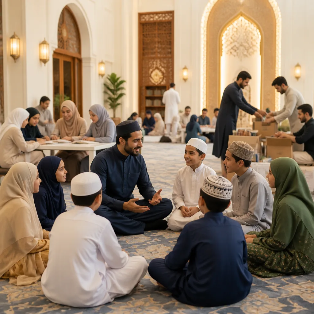 Families and youth participating in a community program in a mosque hall