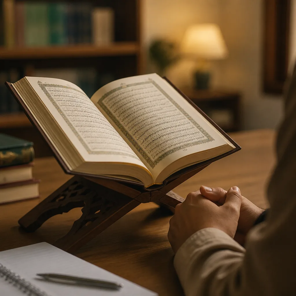 An open Quran on a stand in a calm classroom study setting