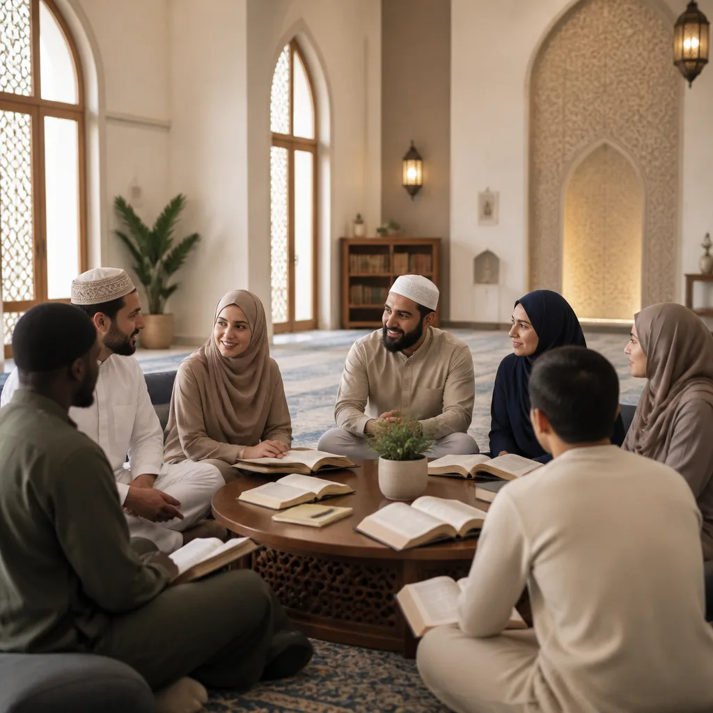 People gathered in a welcoming learning circle inside a mosque community space