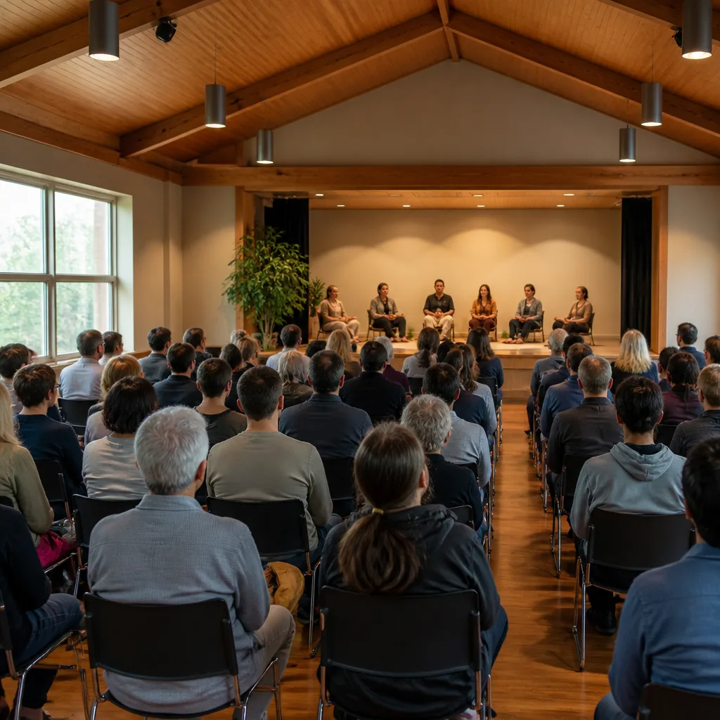 Warmly lit community hall interior set for a respectful gathering