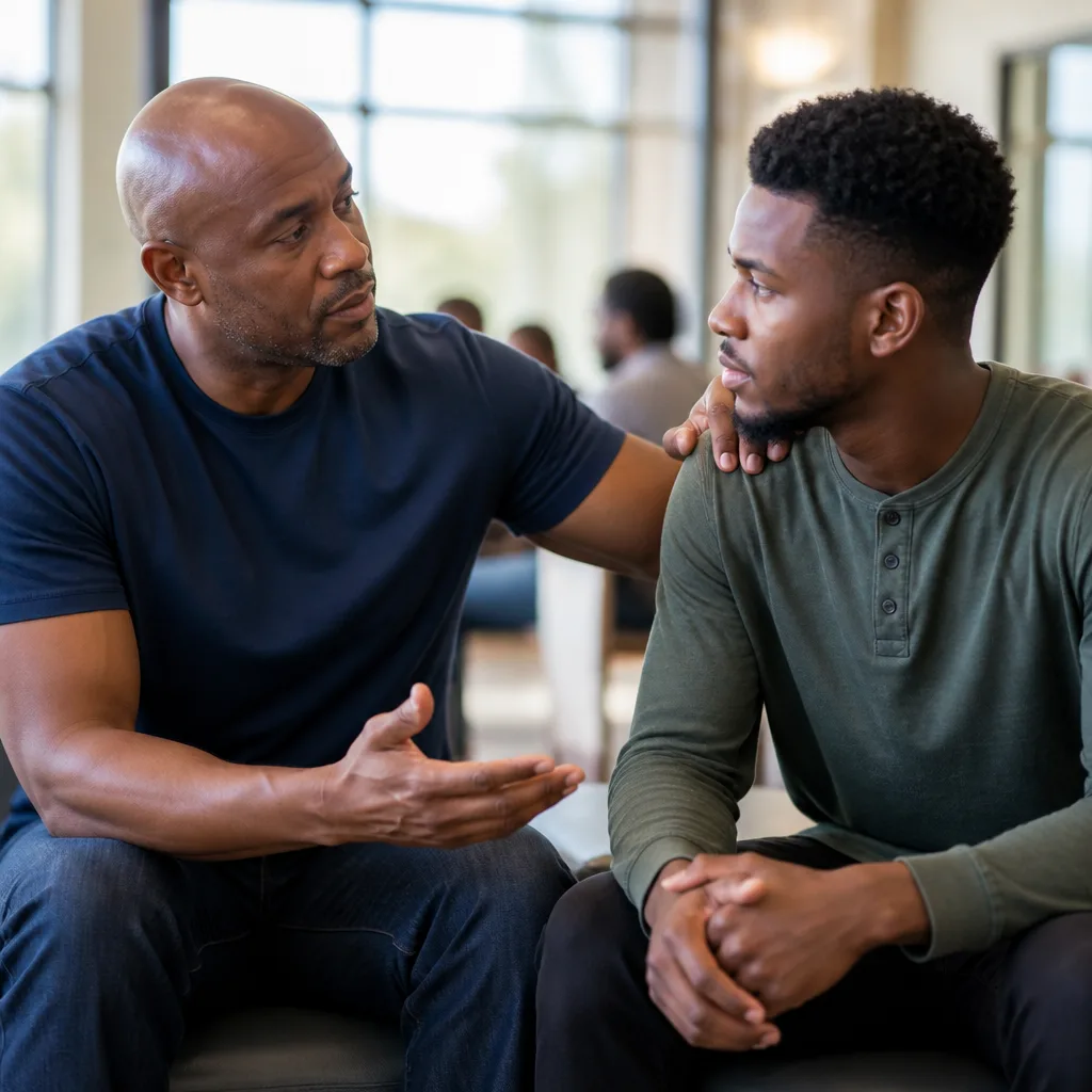 A mentor guiding a brother in a calm community space