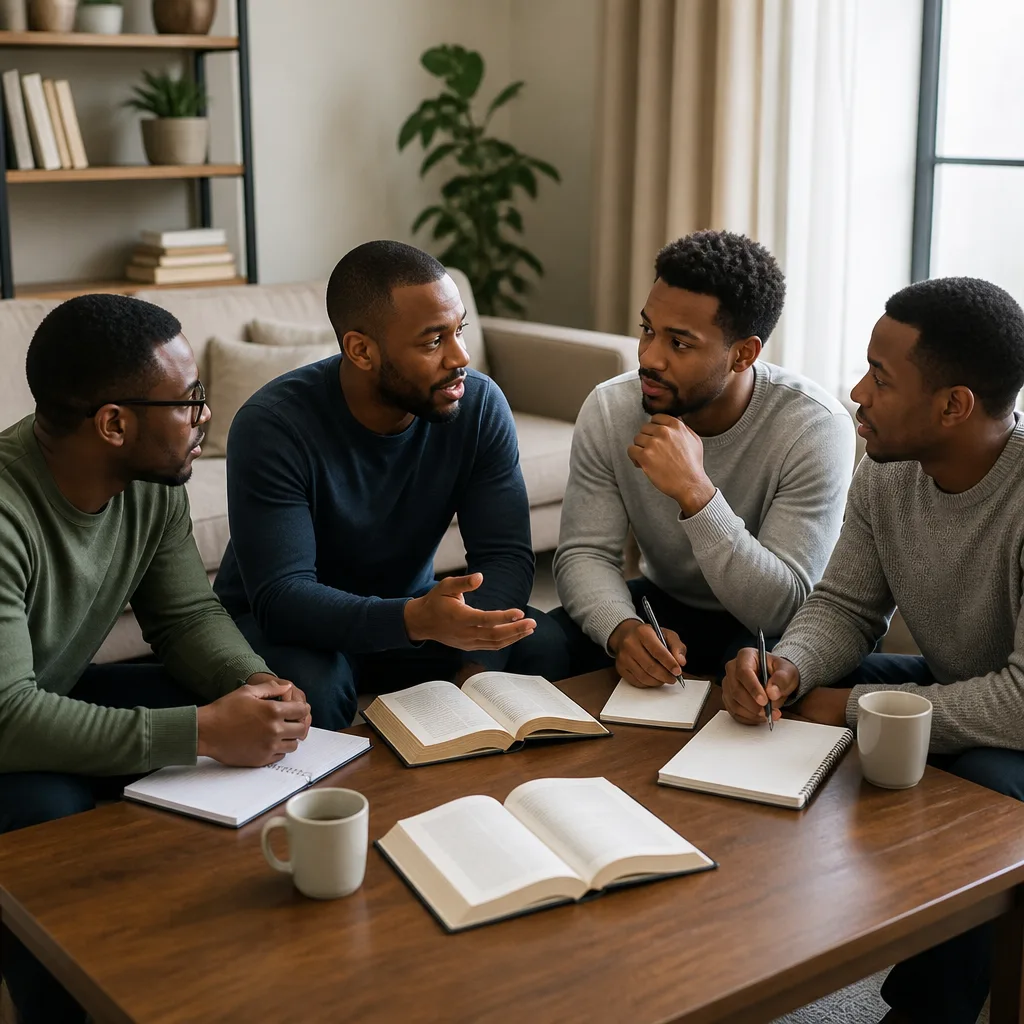 Brothers learning together at a study circle with blank notebooks