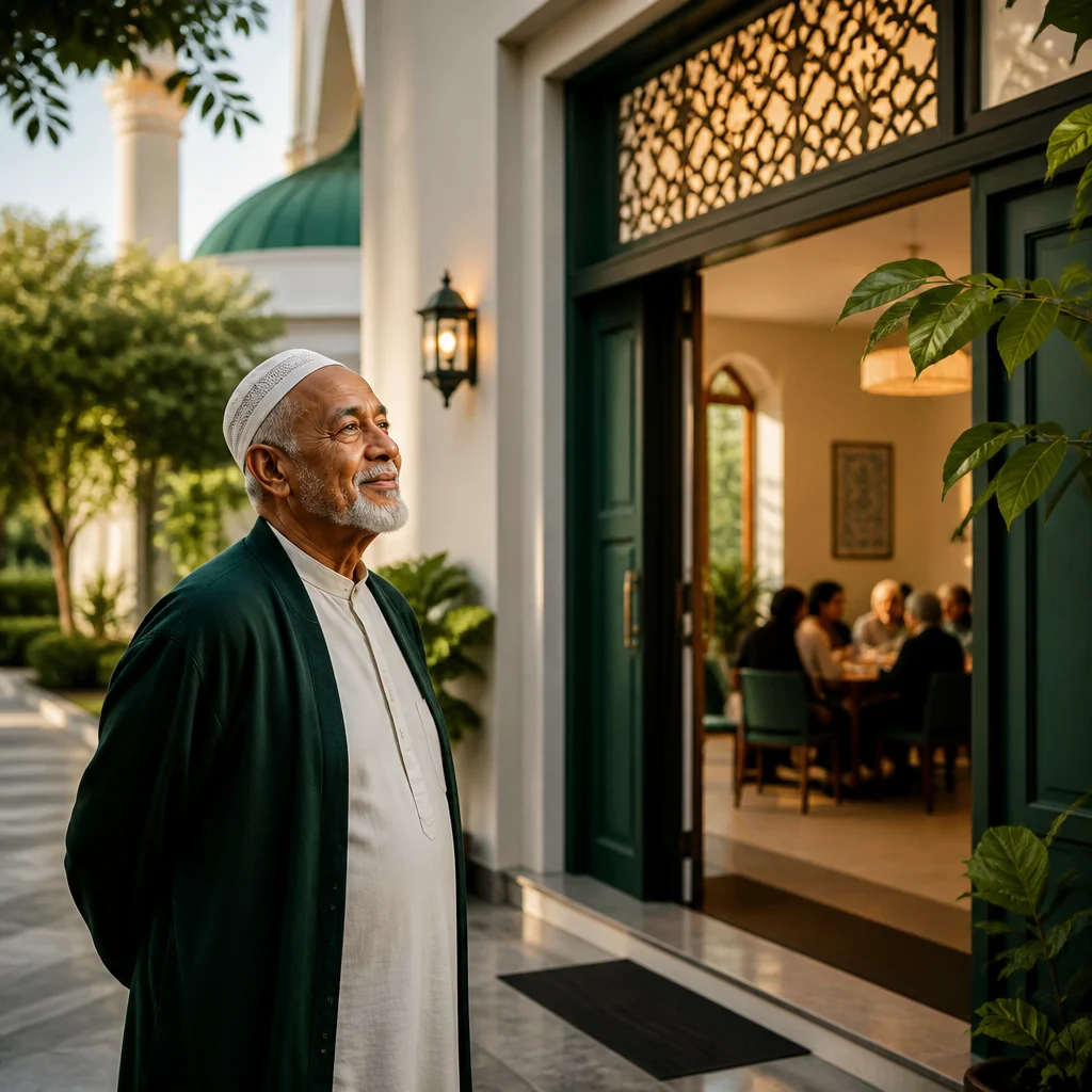 A senior community member near a mosque entrance with a calm, welcoming atmosphere and deep green and amber tones