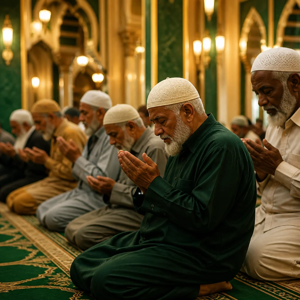 Senior worshippers standing in organized rows inside a warmly lit mosque with deep green and amber tones