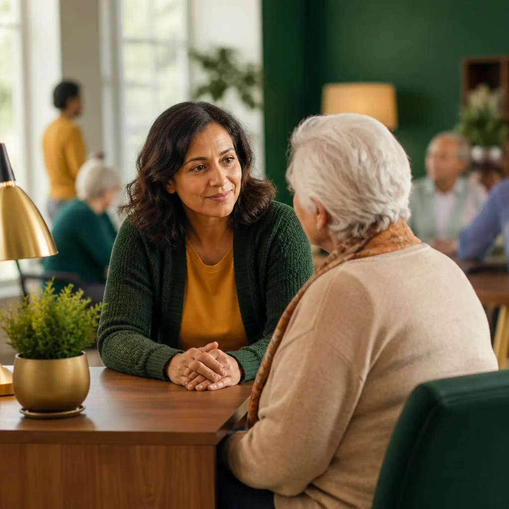 A senior meeting with a compassionate volunteer in a welcoming community hall with deep green and amber accents