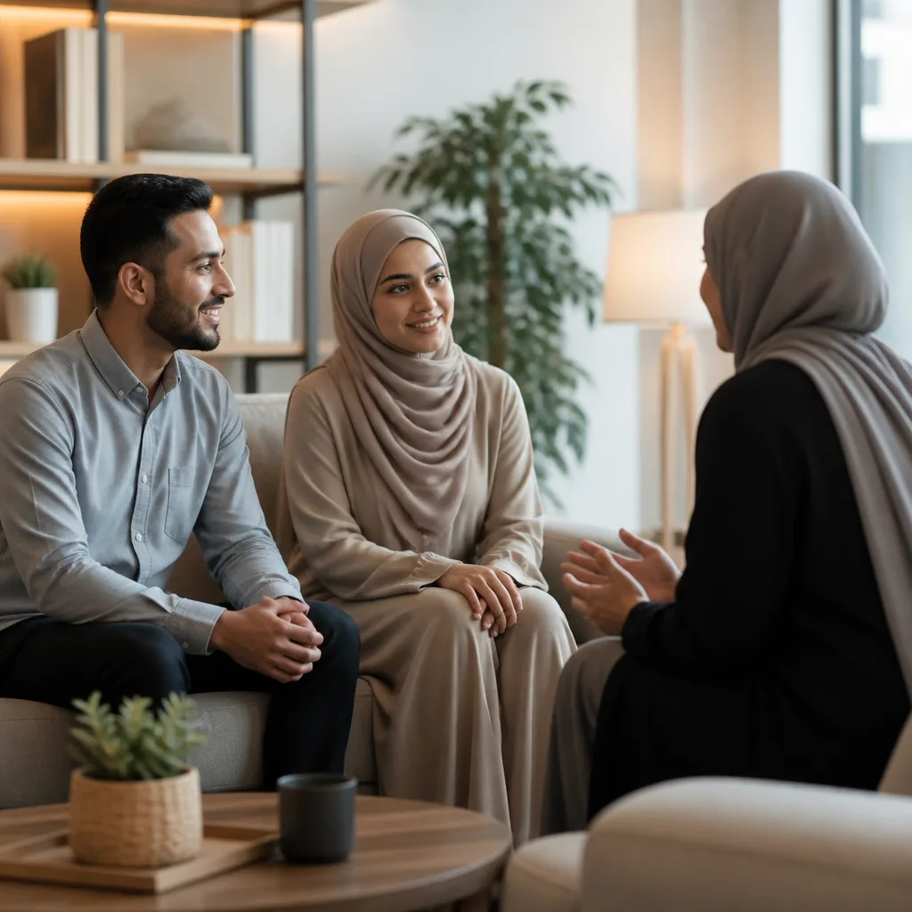 A couple receiving supportive marriage guidance in a community lounge