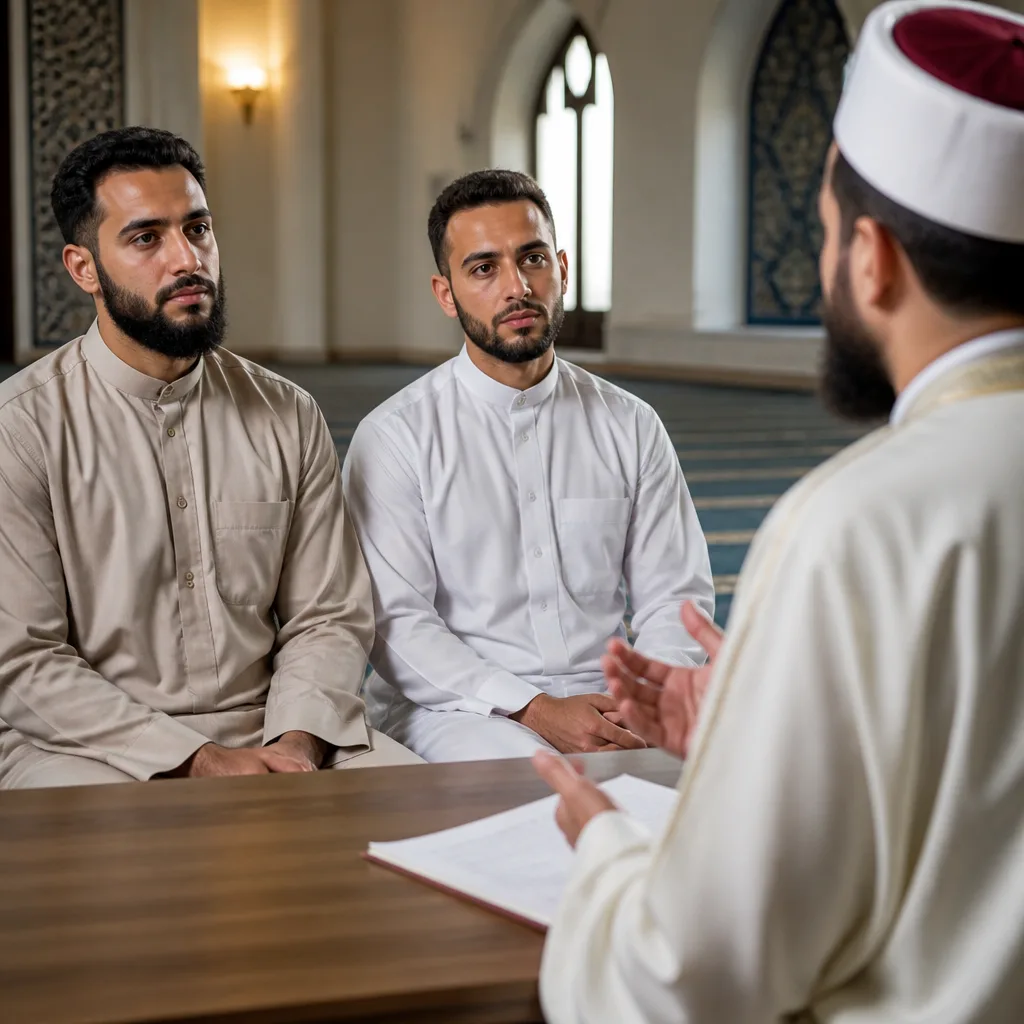 Witnesses standing attentively in a mosque setting during a Nikah process