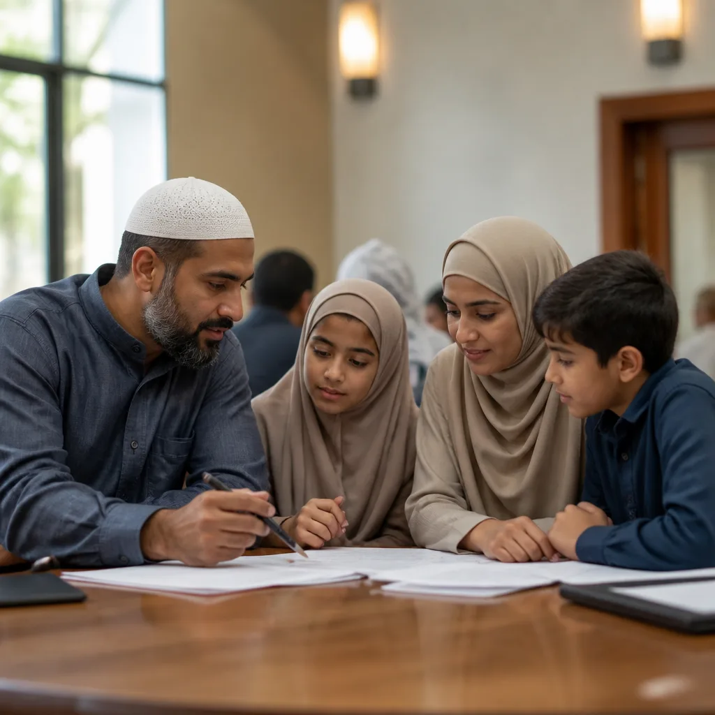 A Muslim family reviewing planning notes for a Nikah in a community setting