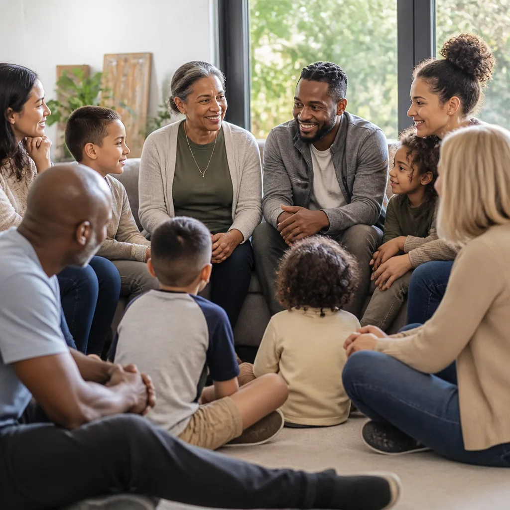 Families gathered together for a community-based learning moment in a welcoming space