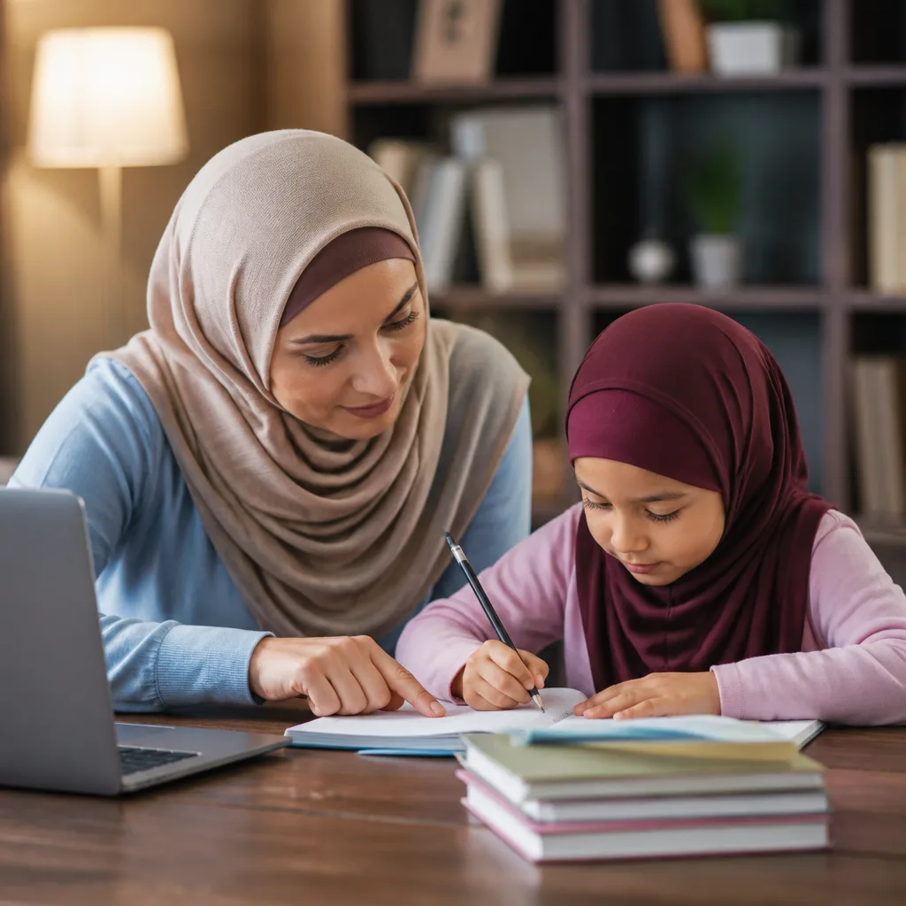 Muslim family learning together at a home table with a focused, calm study mood