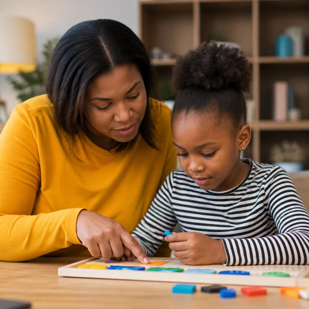 Parent supporting a child during an organized learning session at home