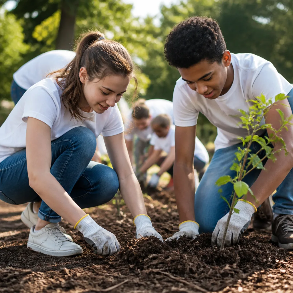 Teen volunteers working on a community service project outdoors