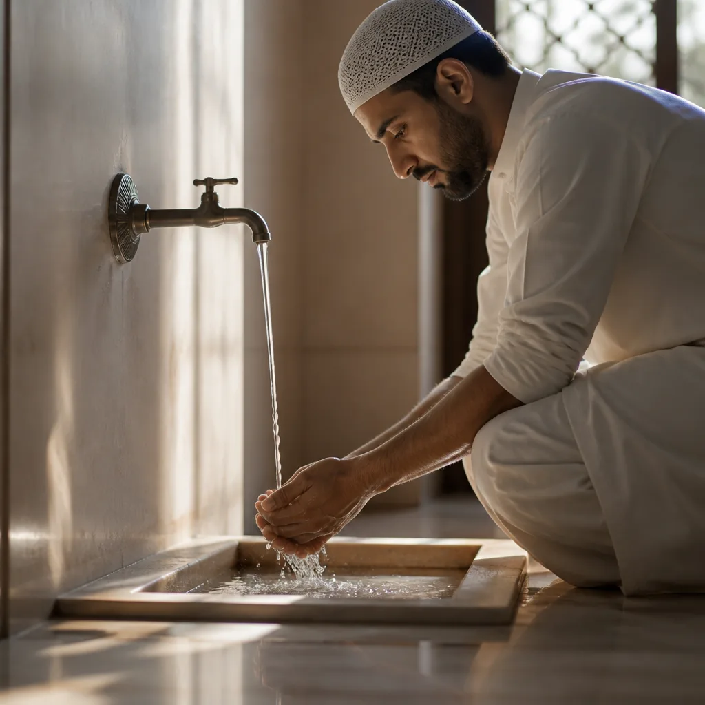 Hands preparing for Wudu in a calm setting