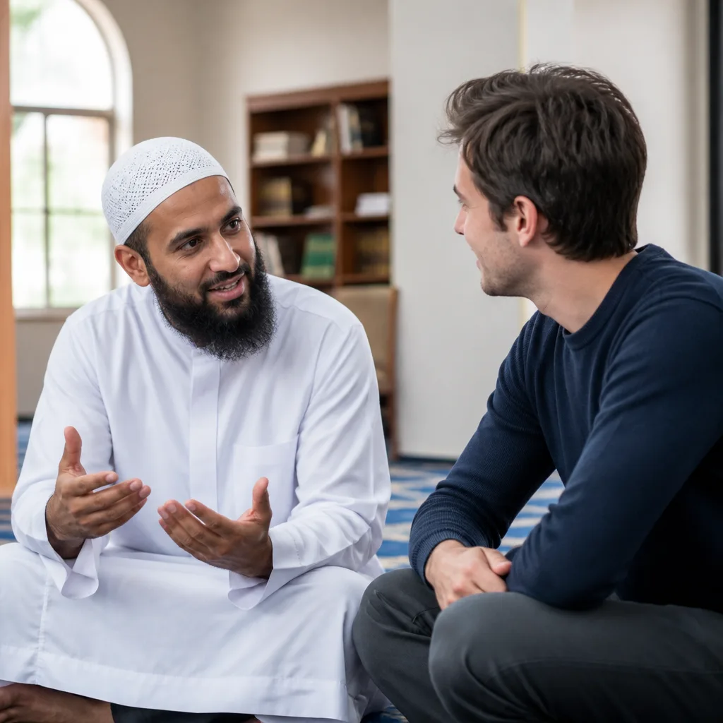 Mentor speaking with a new Muslim in a welcoming community setting