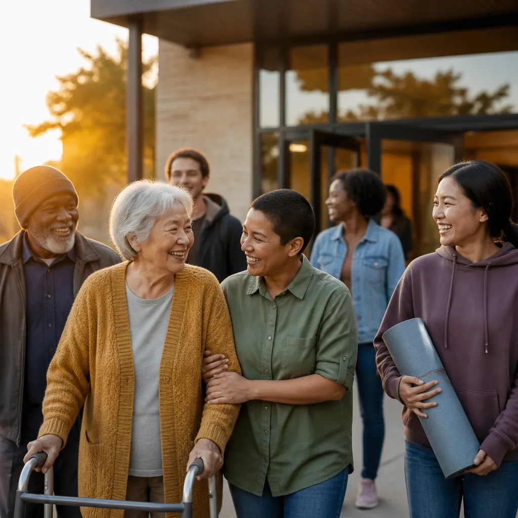 Community members arriving together at a community center entrance