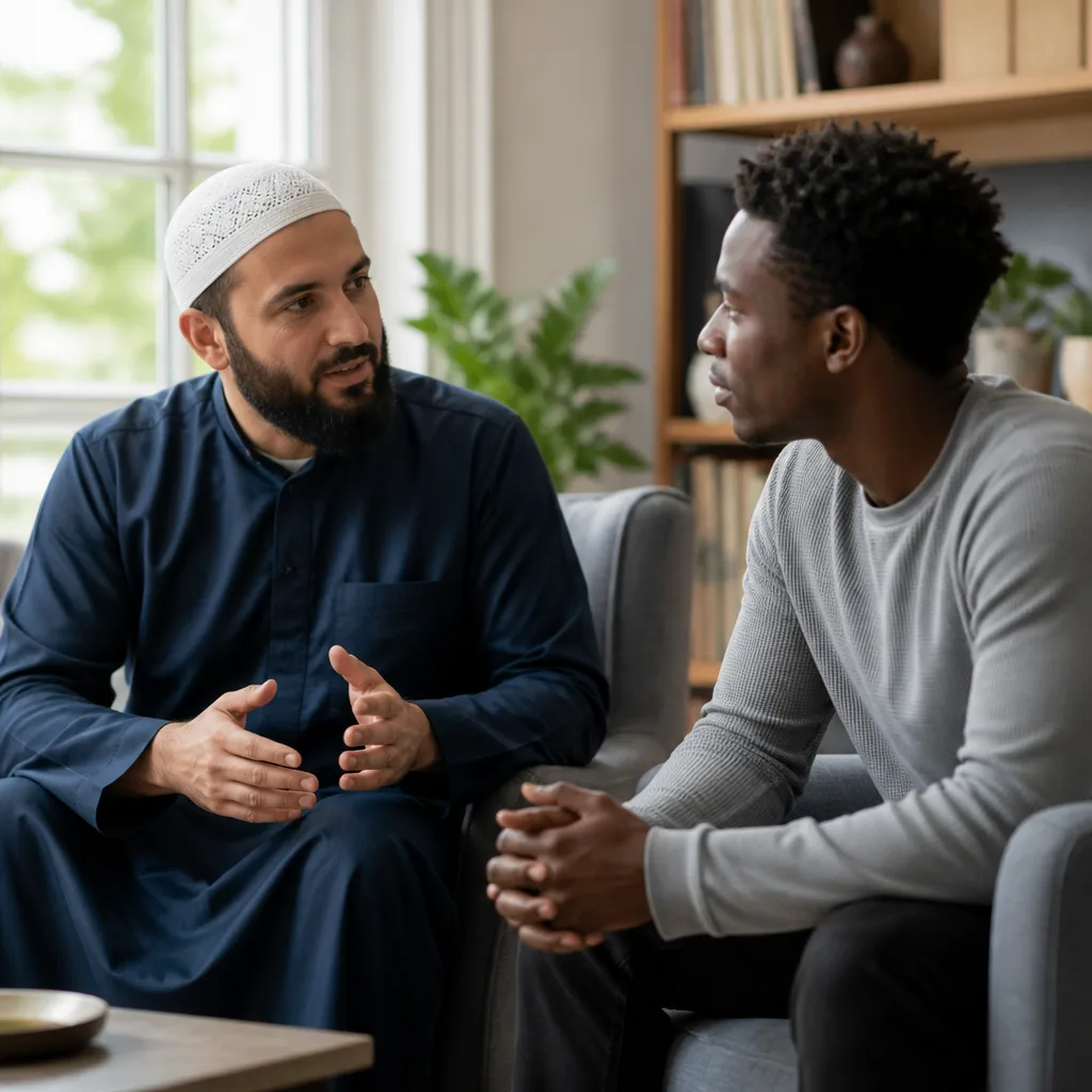 Mentor and new Muslim in a supportive learning session