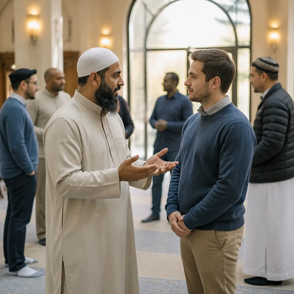 Community members in a welcoming conversation