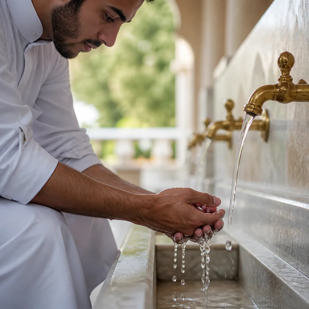 Hands performing wudu at a wash station