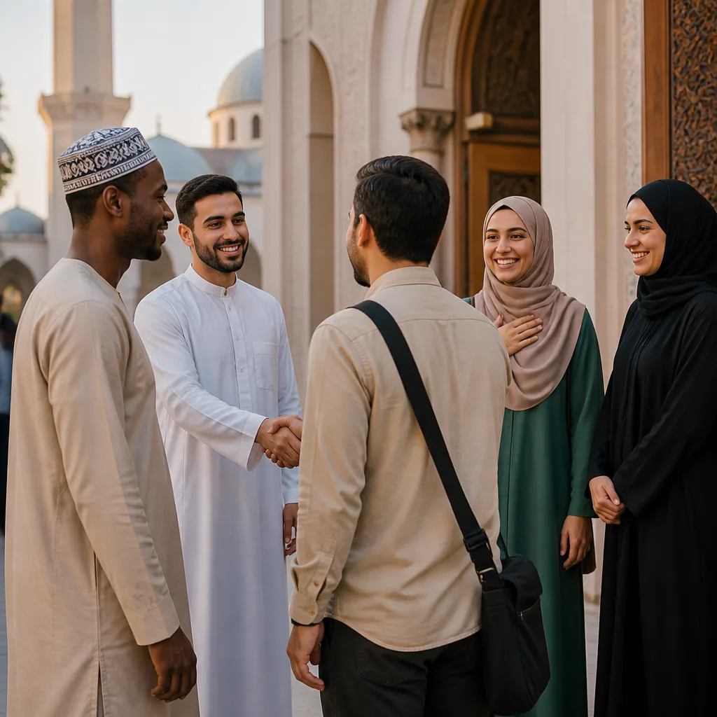 Warm welcome at a mosque entrance