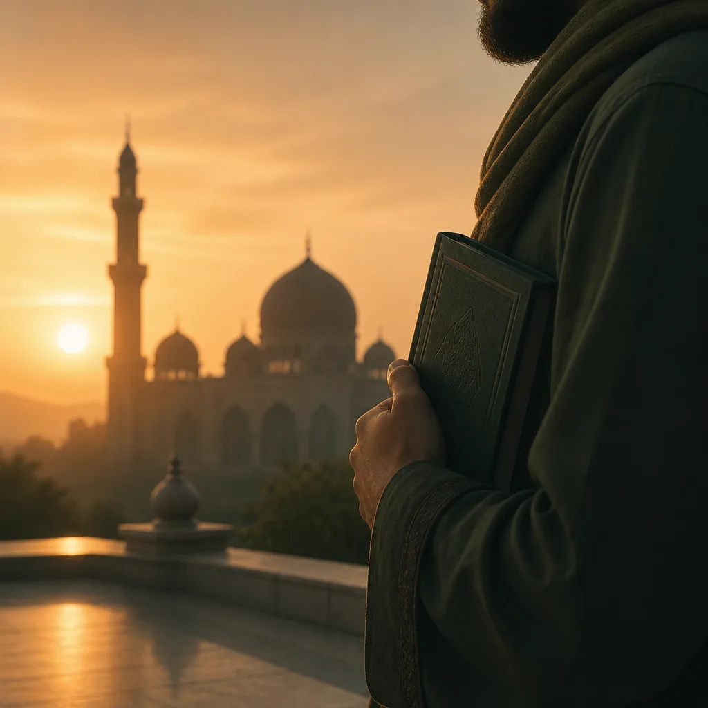 Dawn view of a mosque with a person holding a prayer booklet, representing Adhan and daily worship habits.