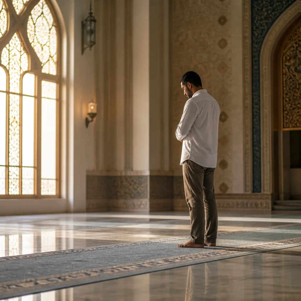 A tranquil mosque interior with a person praying, illustrating beginner-friendly Salat basics.